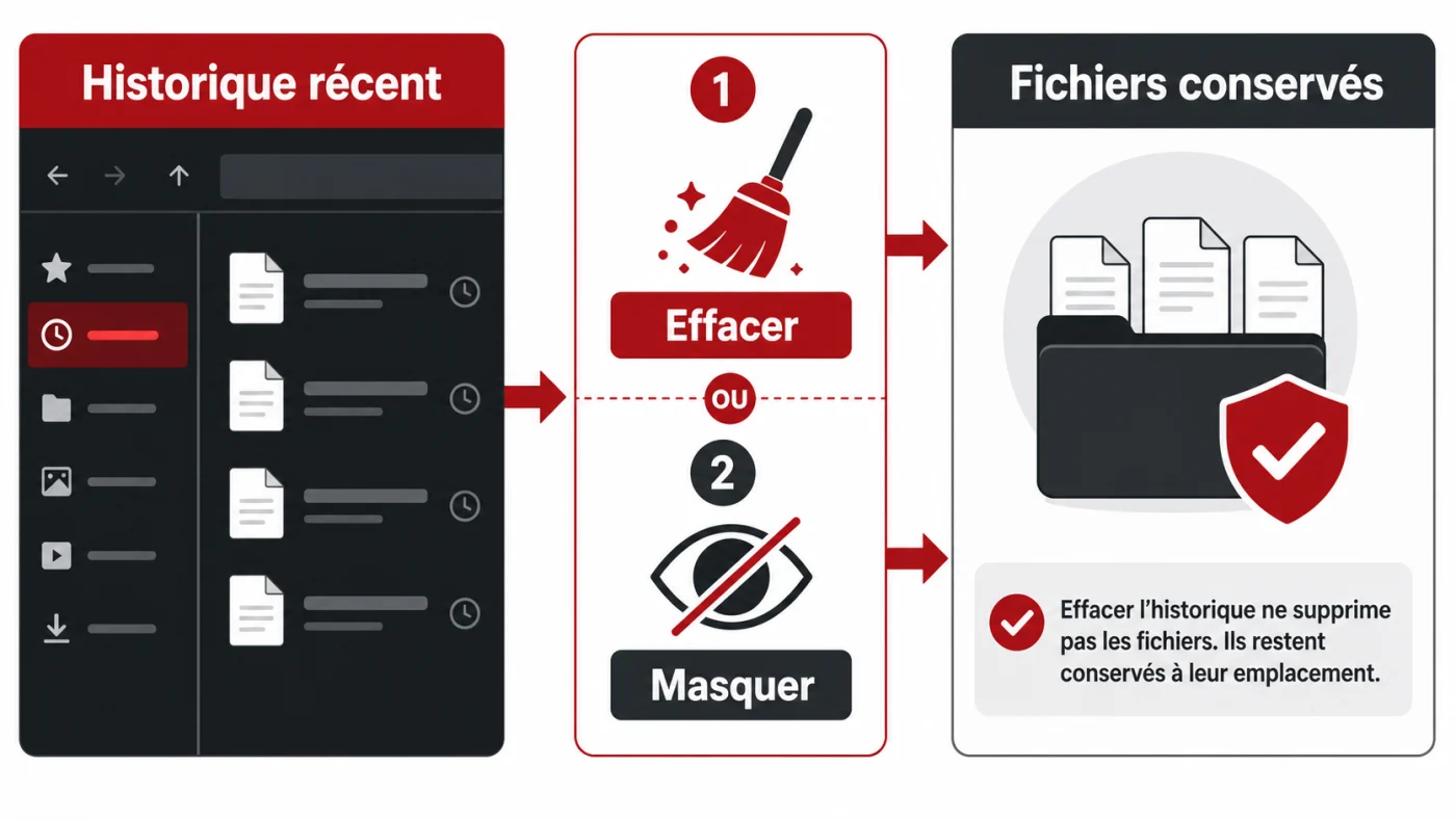 Infographie montrant que l’on peut effacer ou masquer les fichiers récents sans supprimer les fichiers