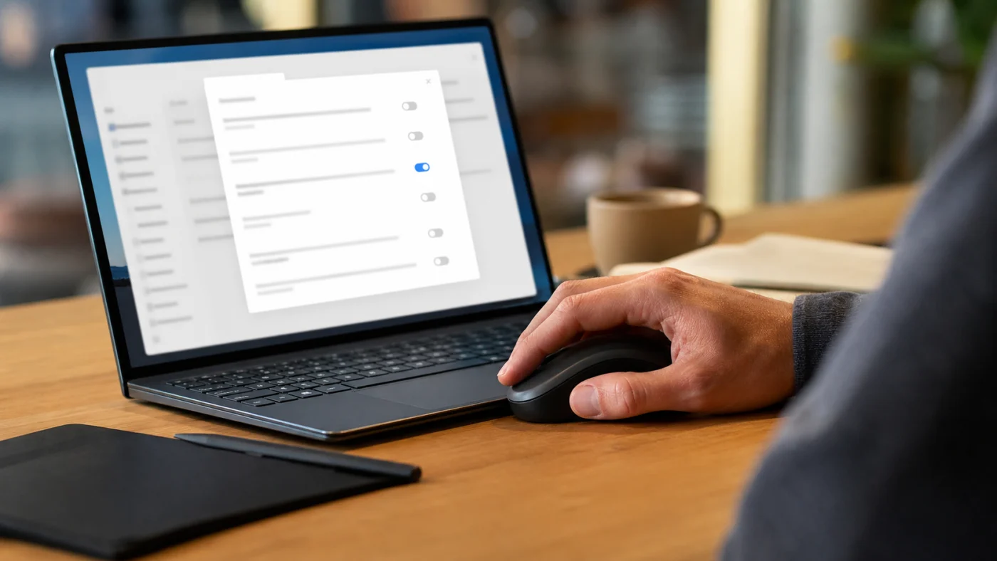 Personne réglant les options de confidentialité d’un explorateur de fichiers sur ordinateur portable