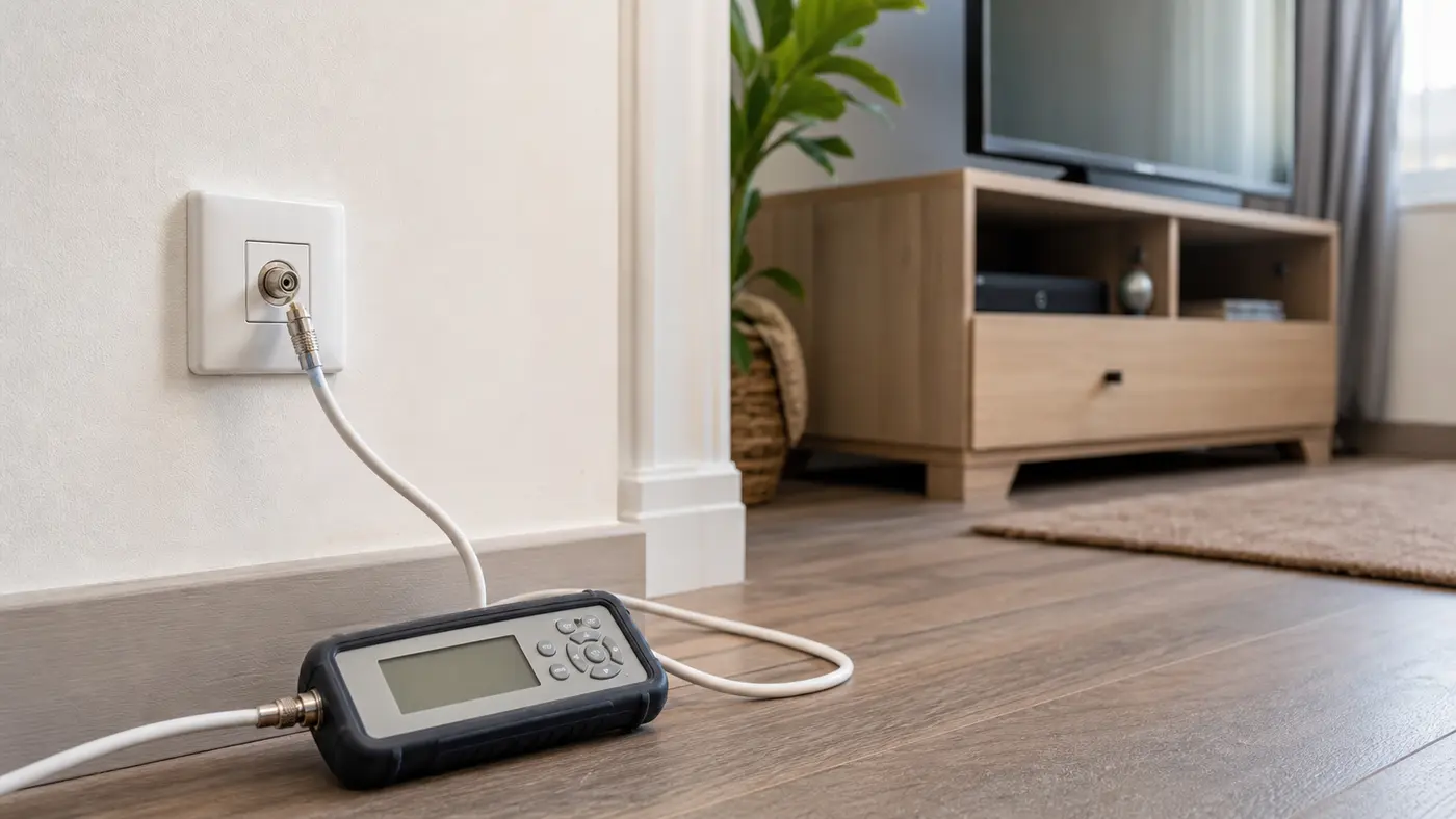 Câble coaxial branché sur une prise TV dans un salon