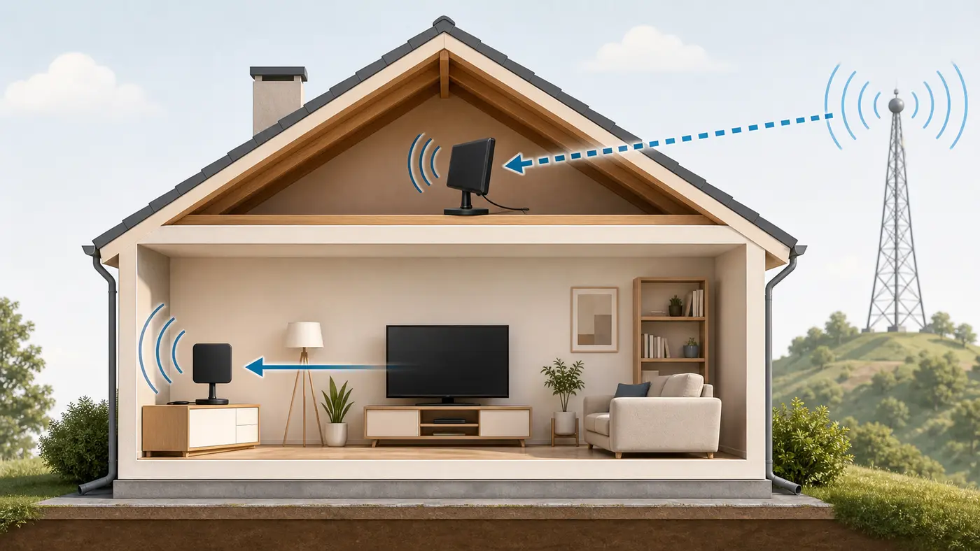 Schéma comparant antenne TV intérieure, antenne en combles et antenne extérieure
