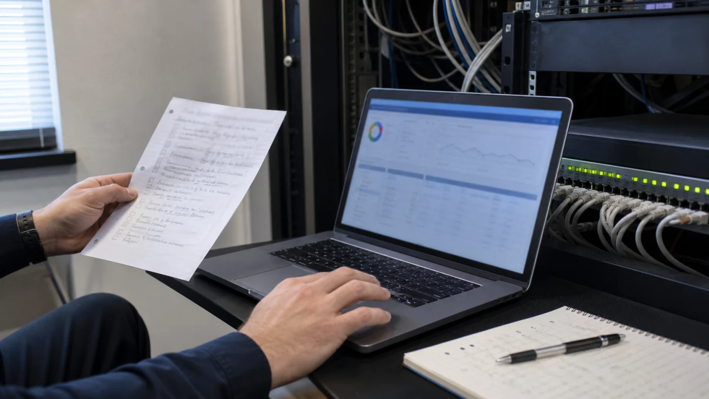 Administrateur vérifiant une checklist de déploiement à côté d’un rack réseau