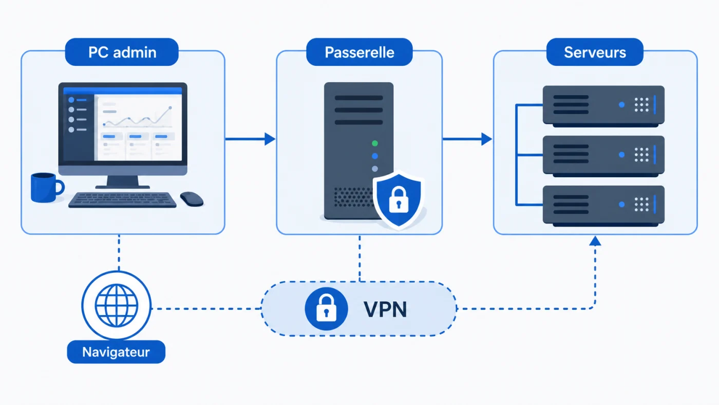 Schéma de déploiement Windows Admin Center avec PC administrateur passerelle VPN et serveurs