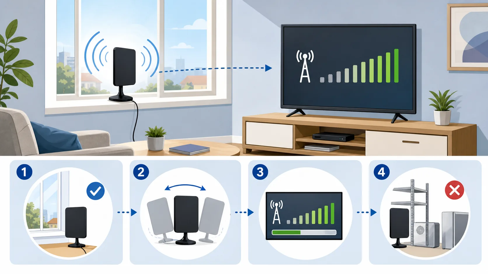 Schéma de réglage d’une antenne TV intérieure avec signal TNT