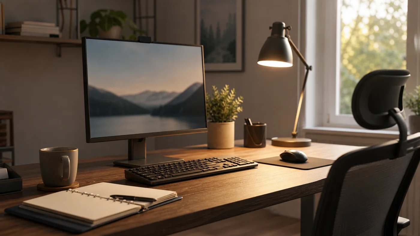 poste de teletravail ergonomique avec ecran a hauteur des yeux et lampe orientable