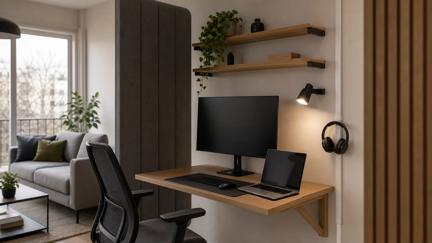 coin teletravail dans un petit salon avec cables ranges et etageres minimalistes
