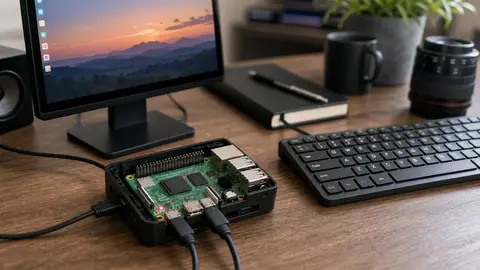 micro ordinateur monocarte type Raspberry Pi 4 sur bureau créatif