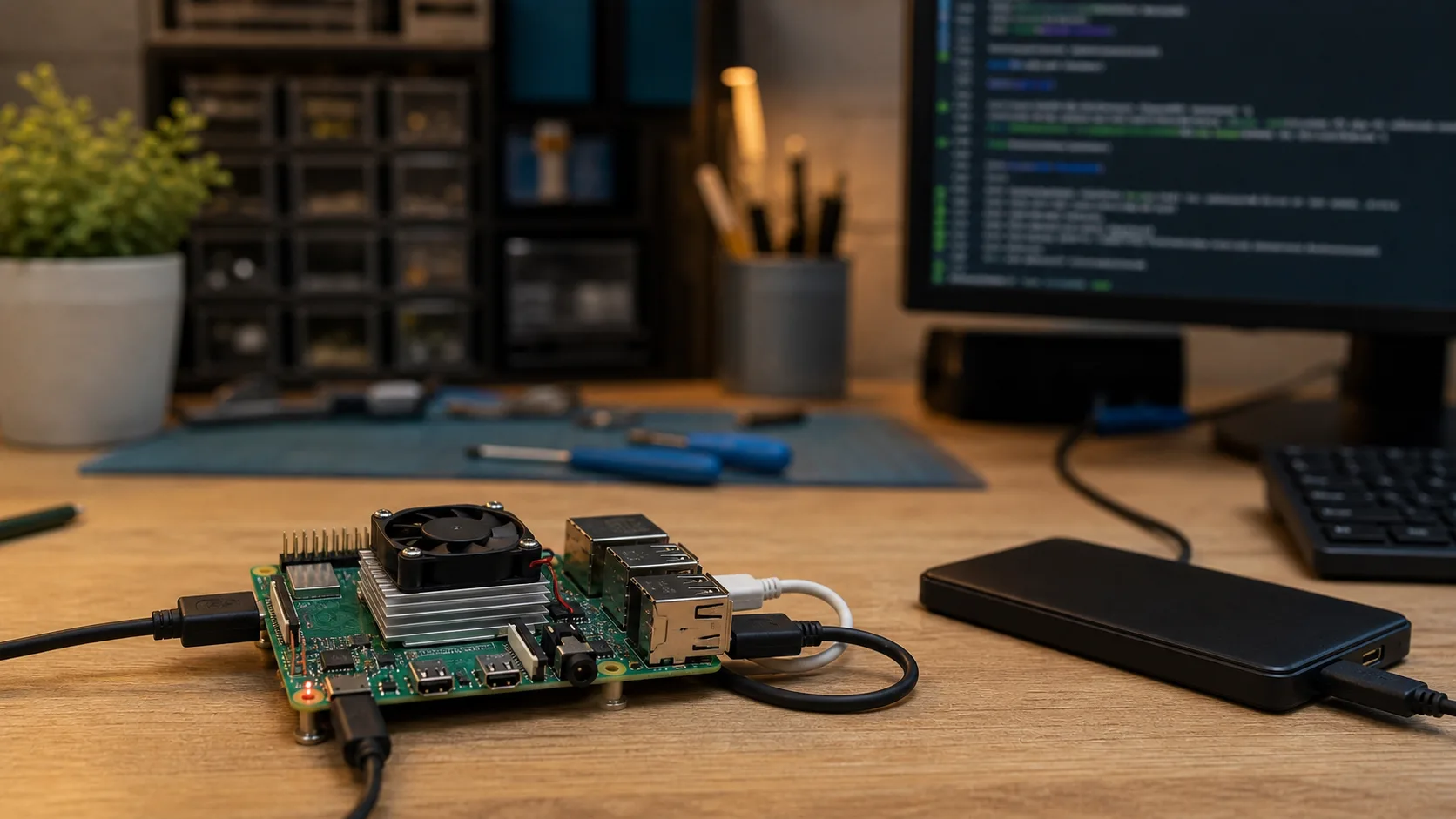 micro ordinateur type Raspberry Pi 4 branché à un SSD USB pour serveur personnel