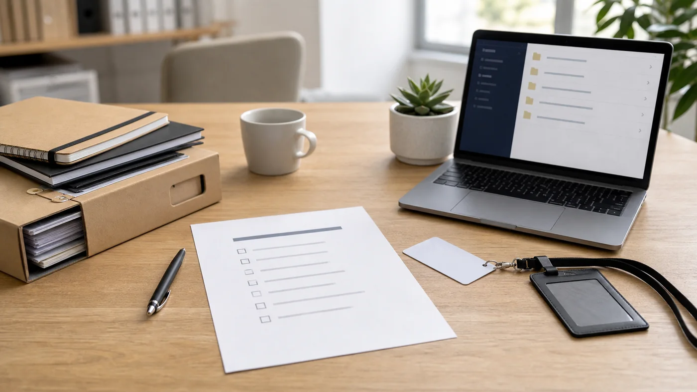 Bureau professionnel avec checklist de passation et ordinateur