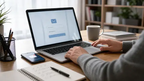 ordinateur portable affichant une page de connexion webmail floutee