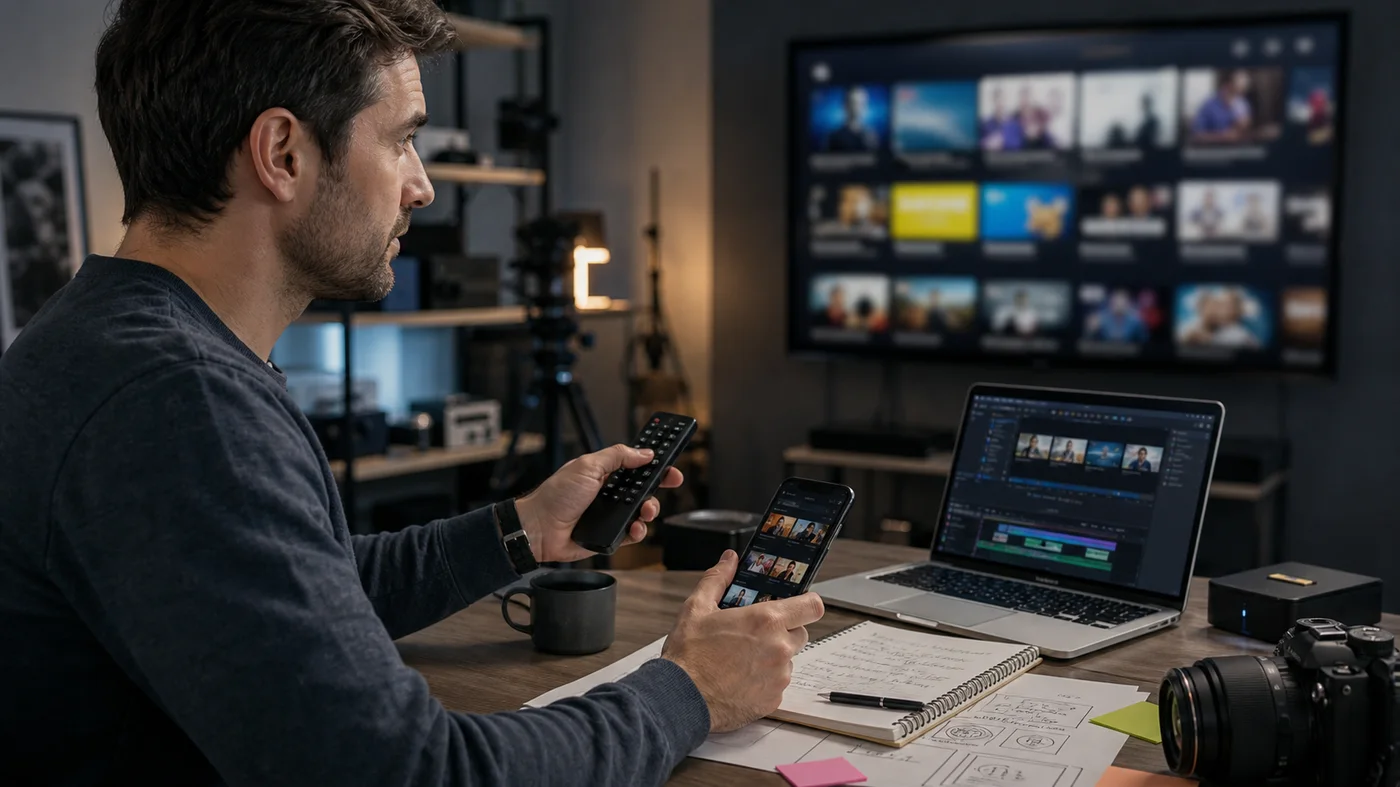 créateur vidéo comparant télécommande et smartphone pour diffuser du contenu sur une télévision