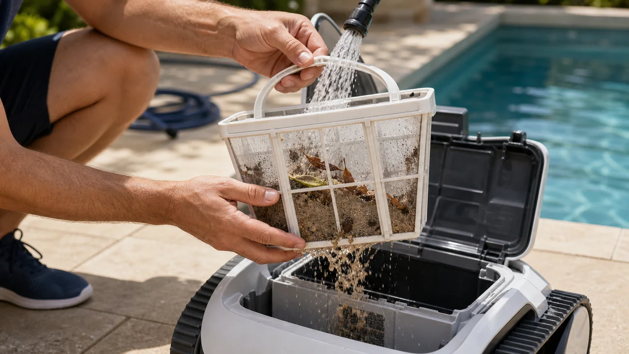 Panier de filtration retiré d’un robot de piscine