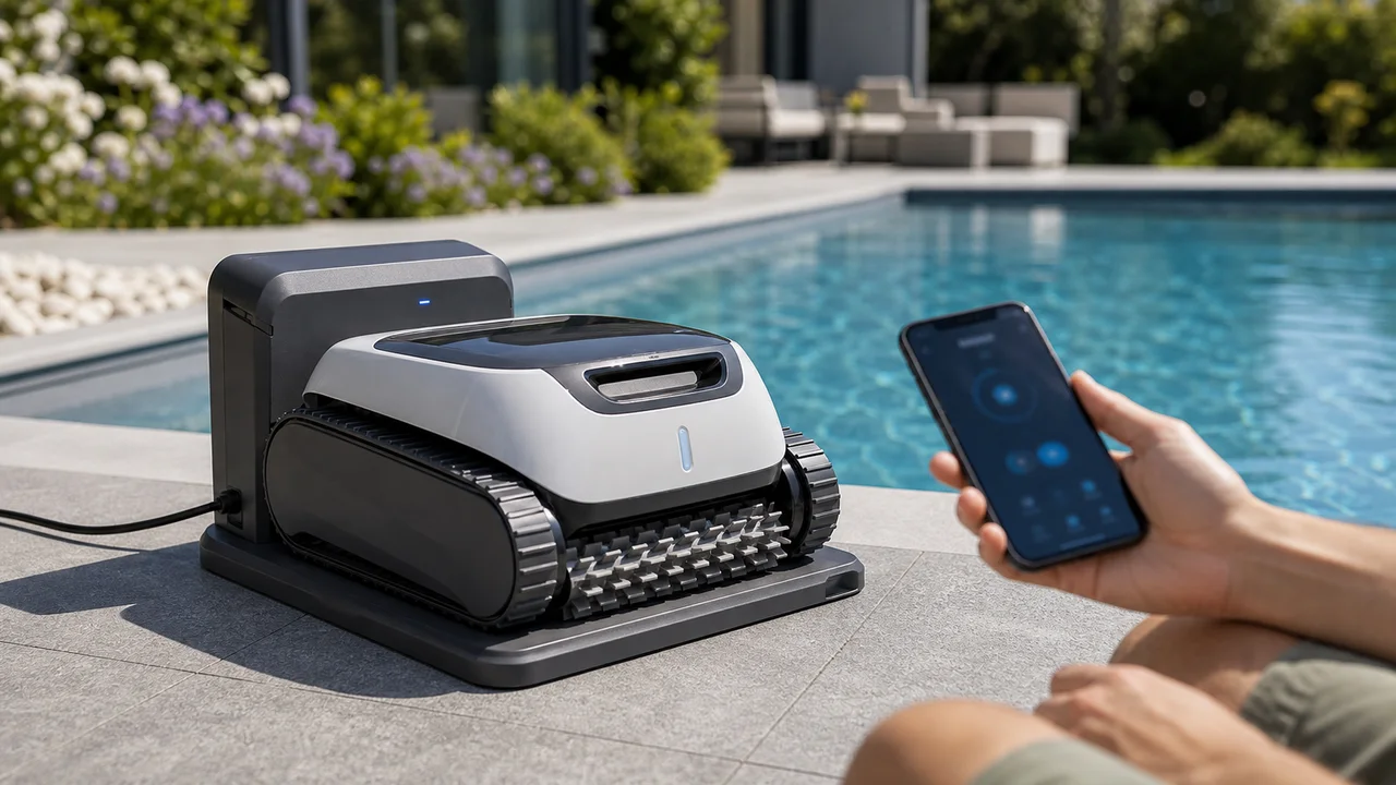 Robot de piscine sur station de recharge avec application mobile