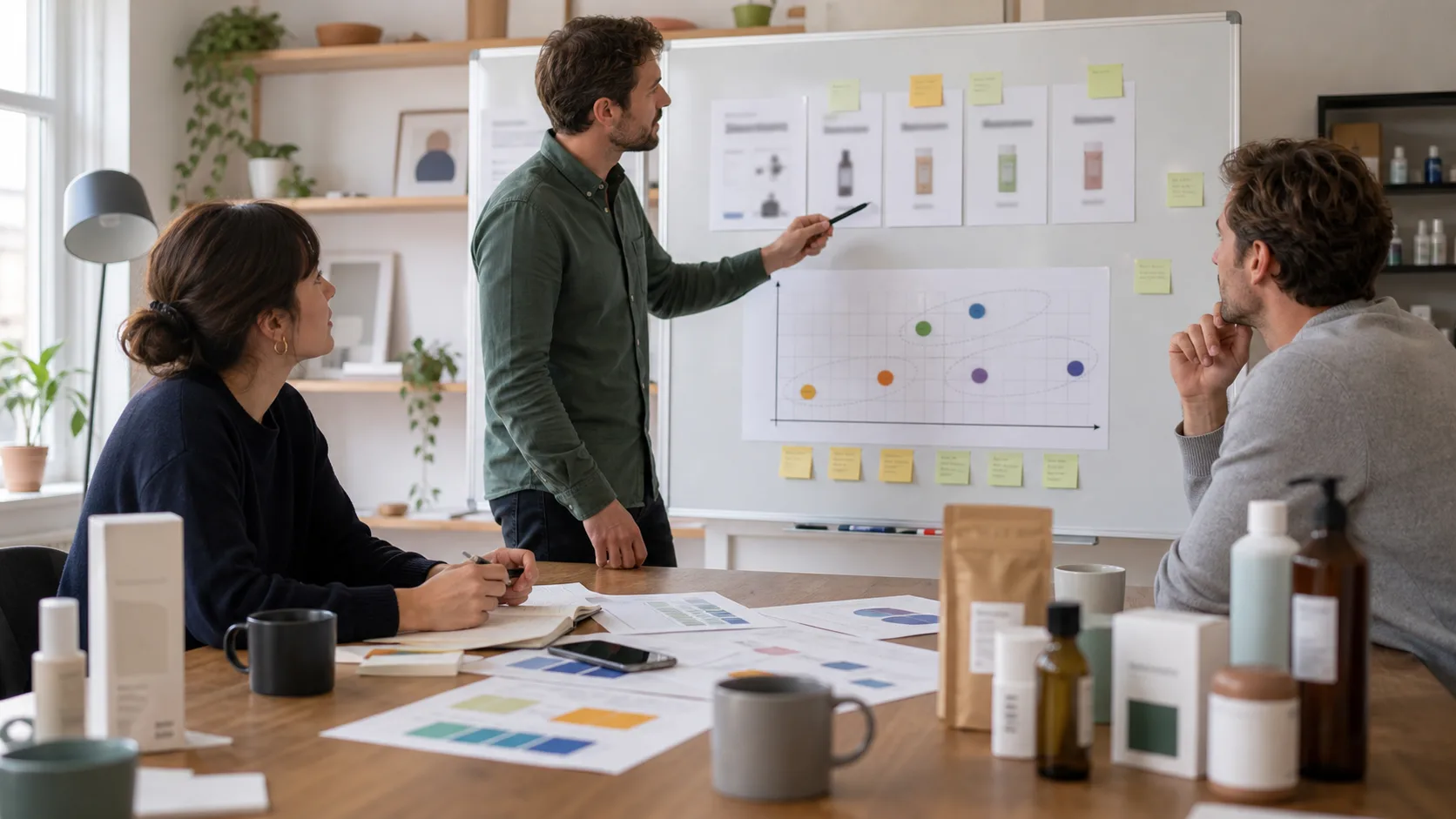 equipe comparant le positionnement prix sur un tableau dans un studio creatif