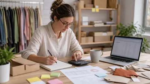 entrepreneure calculant un prix de vente avec ordinateur et echantillons produit