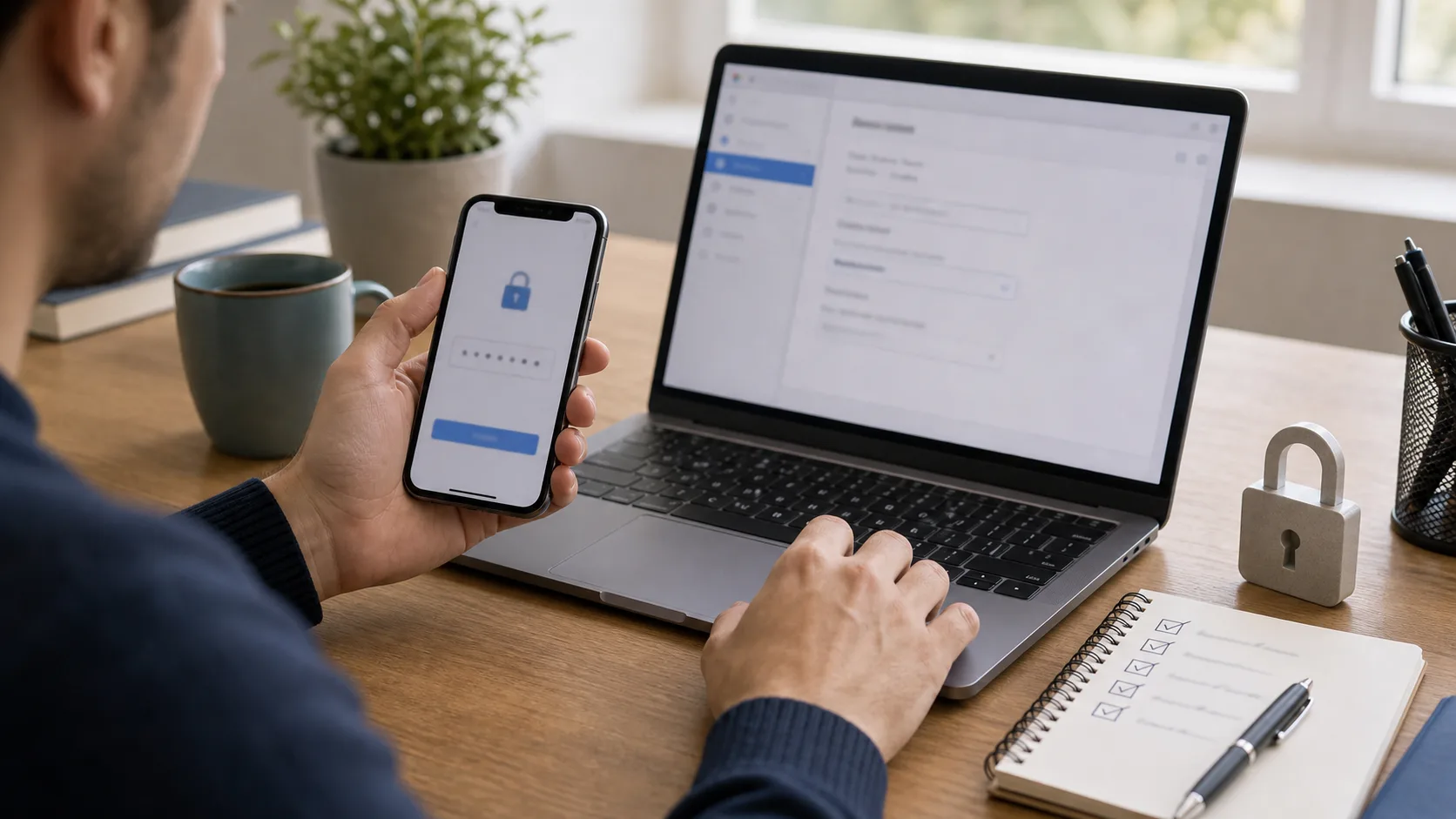 ordinateur et smartphone montrant une configuration de sécurité webmail floutée
