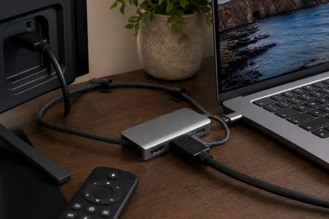 Connexion HDMI et USB-C entre un ordinateur portable et une TV utilisée comme écran