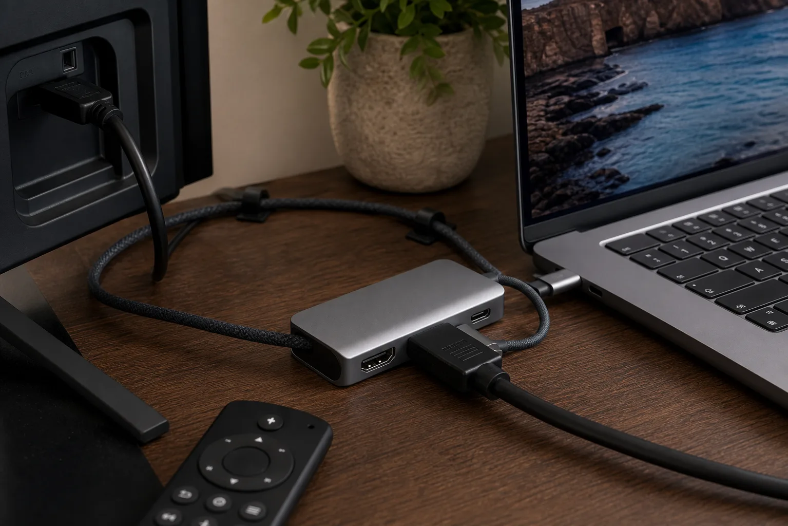 Connexion HDMI et USB-C entre un ordinateur portable et une TV utilisée comme écran