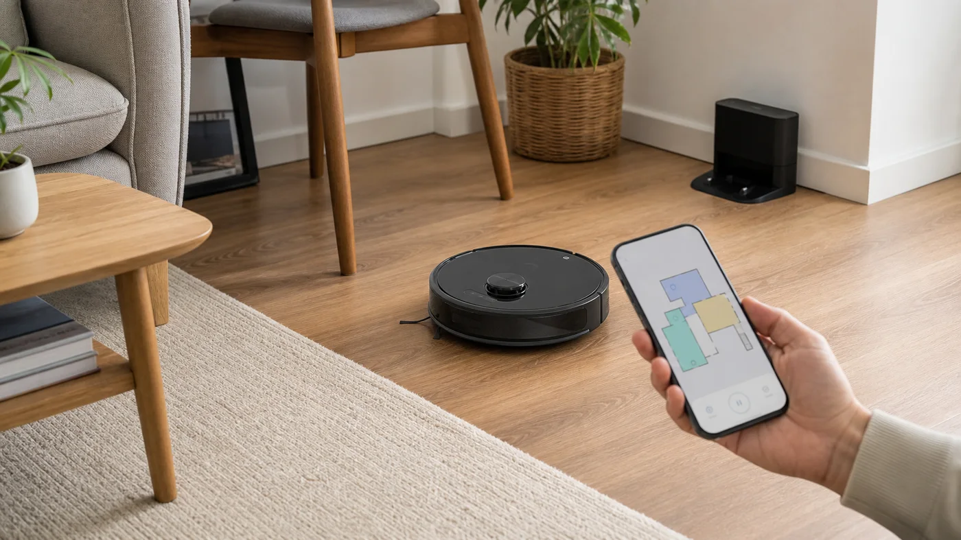 robot aspirateur évalué près d un tapis et de meubles avec carte sur smartphone