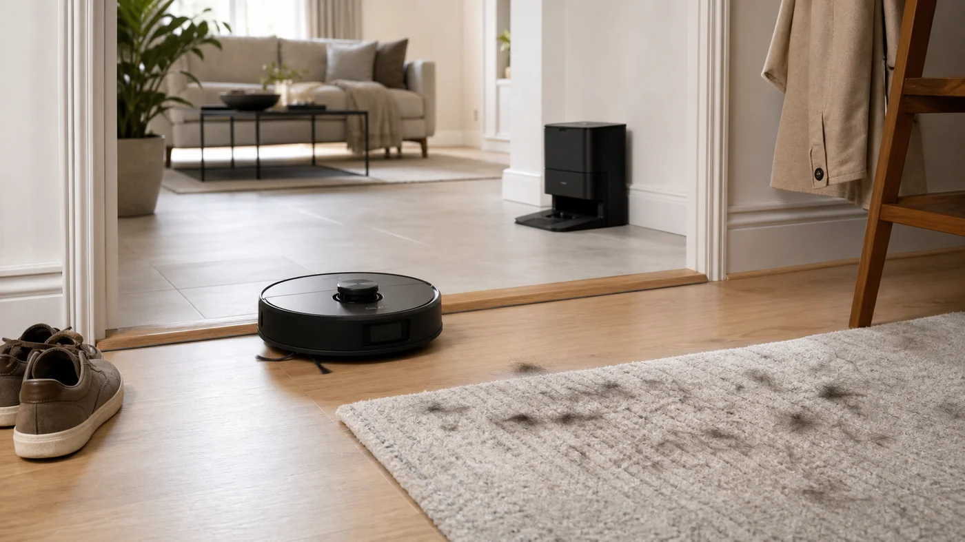 robot aspirateur nettoyant près d un tapis et d un seuil entre deux pièces