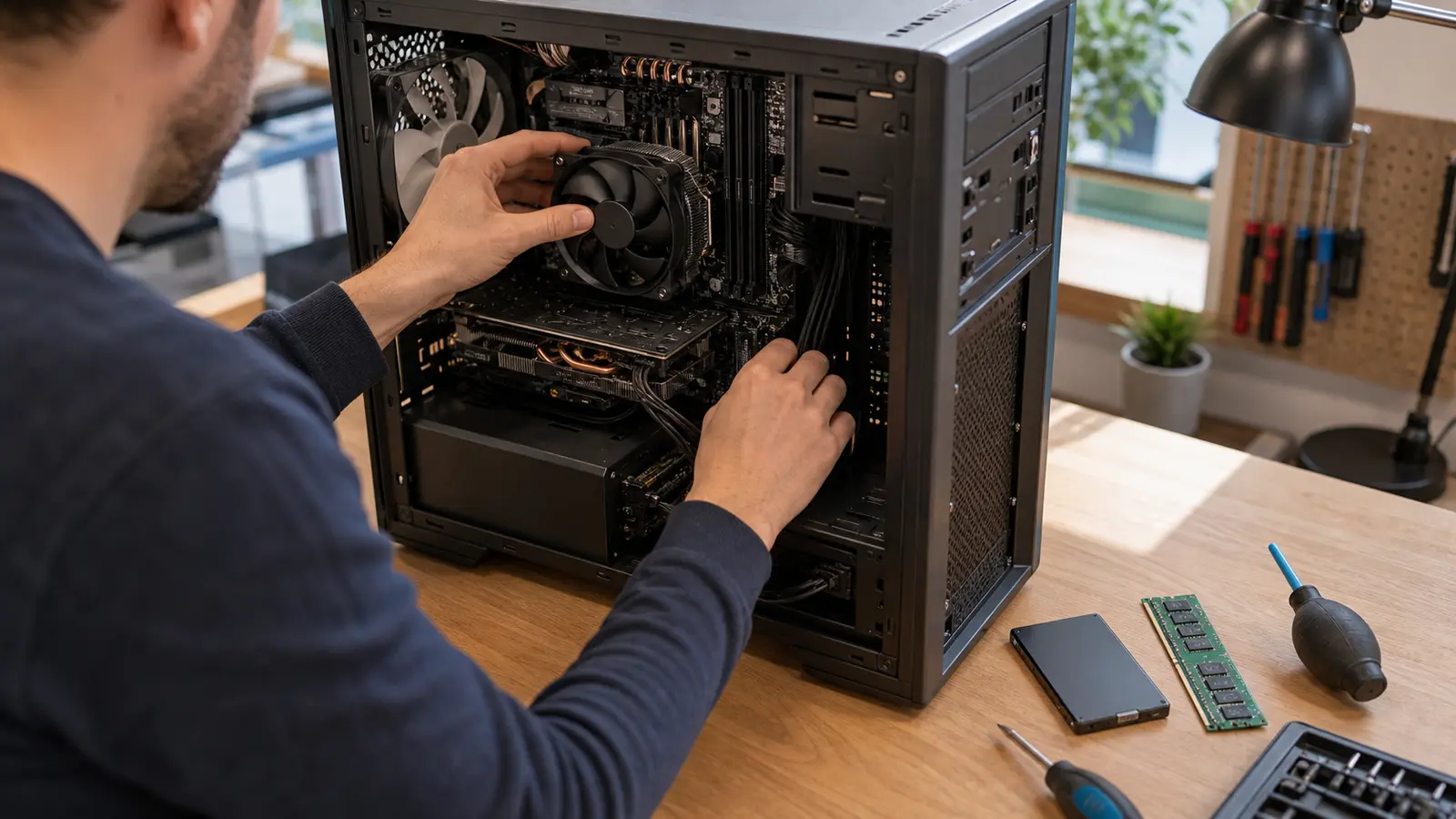 Maintenance d un PC avec SSD et barrette de RAM sur etabli