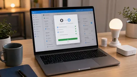 ordinateur affichant une interface Home Assistant floutee avec HACS