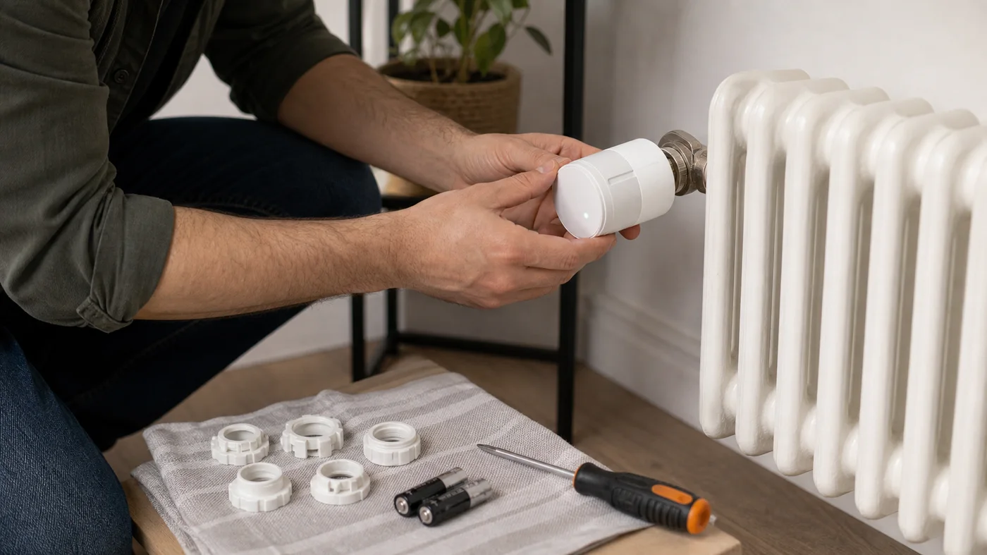 installation d une vanne connectee avec adaptateurs sur un radiateur