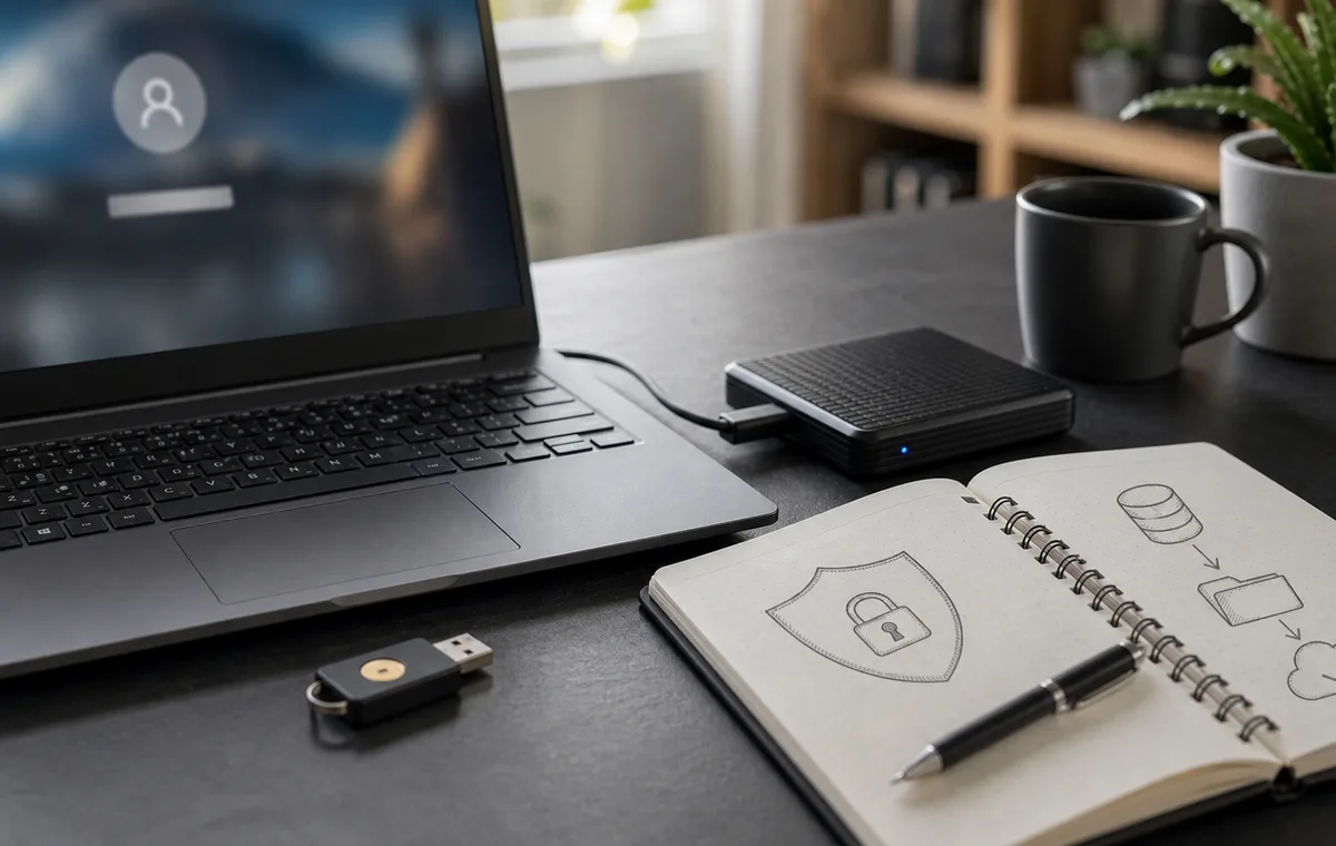 Disque de sauvegarde branché à côté d'un ordinateur Windows verrouillé