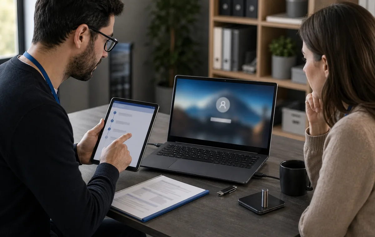 Support informatique accompagnant une récupération de compte Windows
