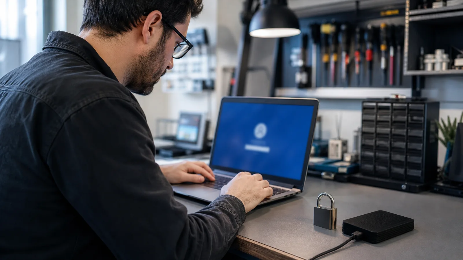 Technicien contrôlant un ordinateur Windows verrouillé avec un disque de sauvegarde