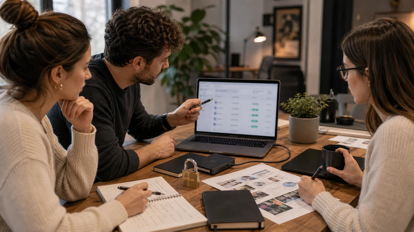 equipe verifiant une checklist de securite avant envoi de fichiers volumineux