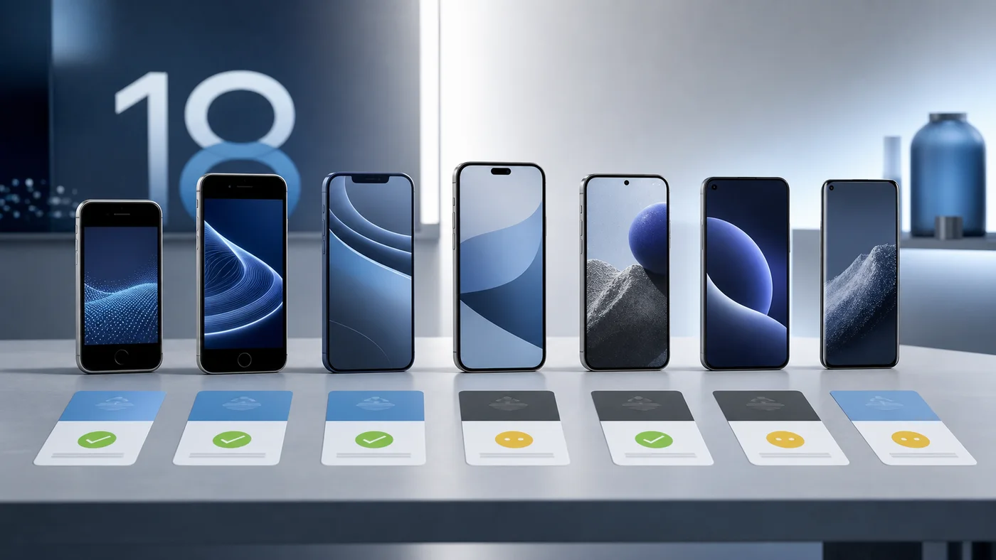 Plusieurs smartphones génériques alignés pour vérifier la compatibilité iOS 18