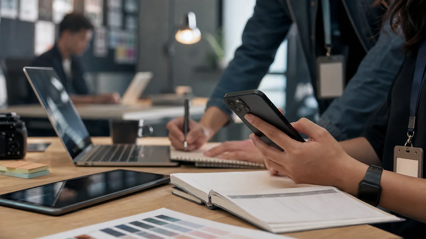 Smartphone générique utilisé sur un bureau d’équipe créative avant une mise à jour professionnelle