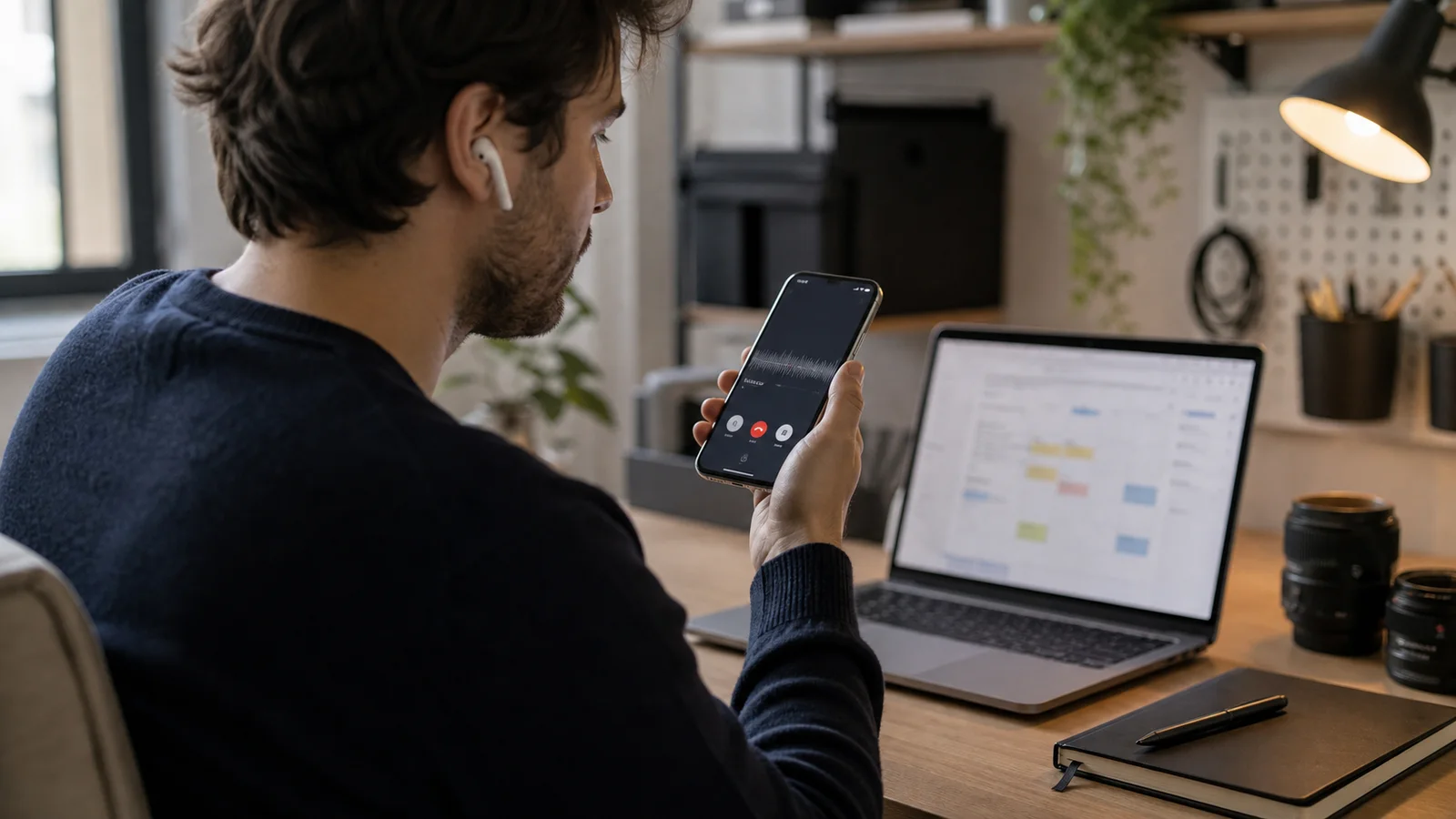consultation de messages vocaux iphone dans un espace de travail creatif