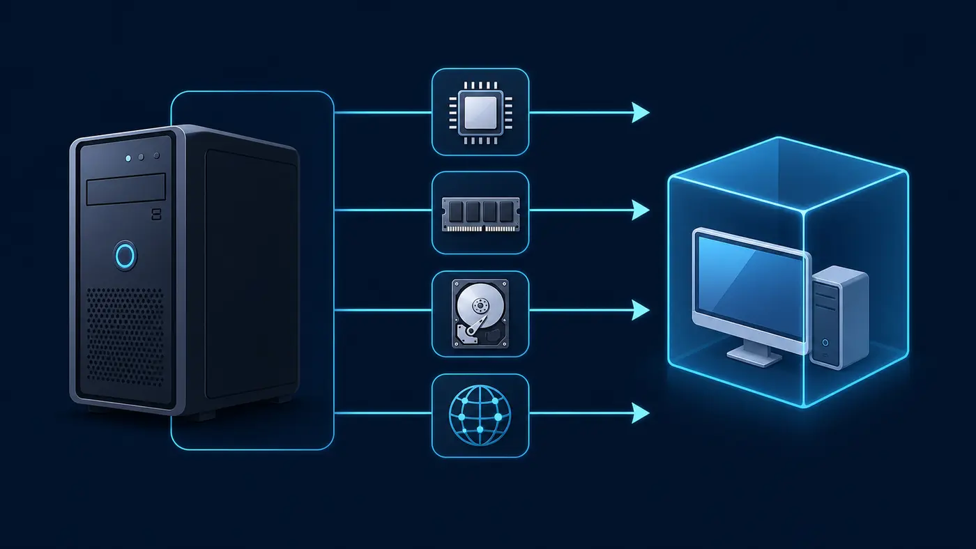 Schéma d’allocation CPU RAM stockage et réseau entre un PC Windows 11 et une machine virtuelle