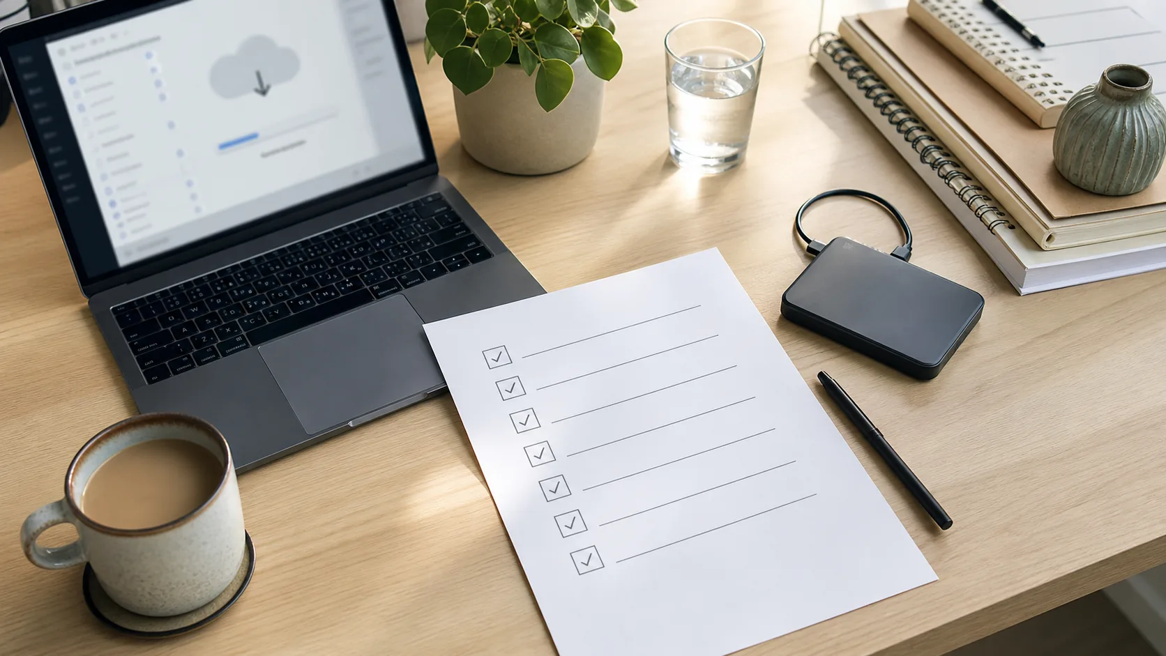 Checklist et disque externe pour sauvegarder ses informations avant de fermer un compte social