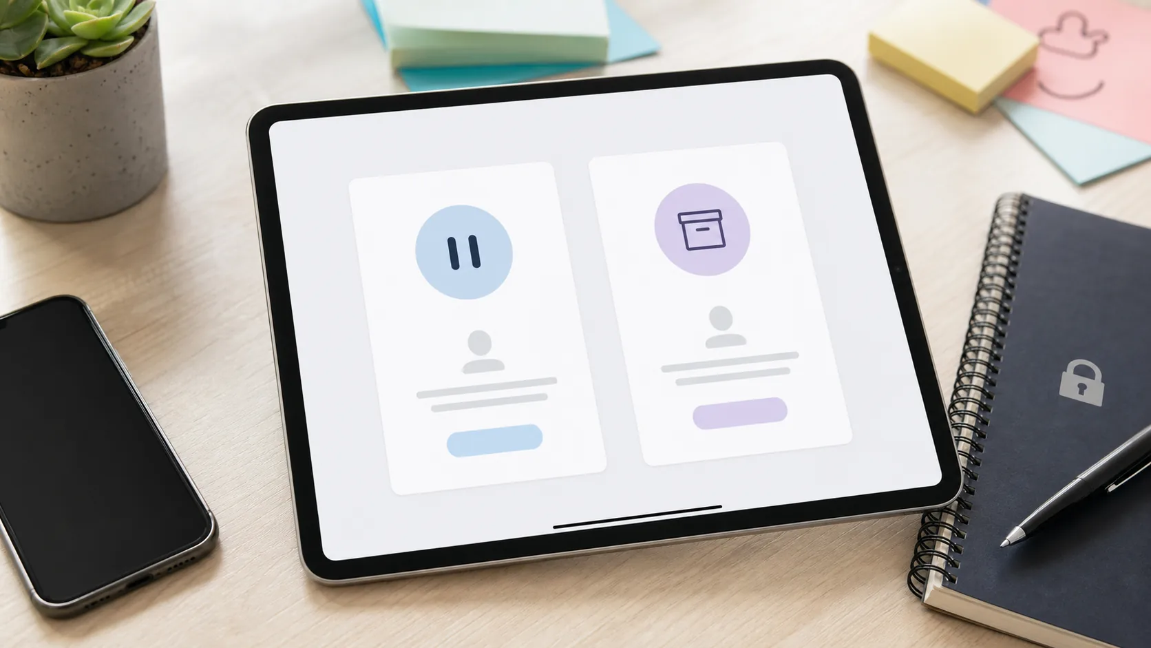 Deux choix génériques sur tablette pour comparer pause temporaire et fermeture définitive de compte