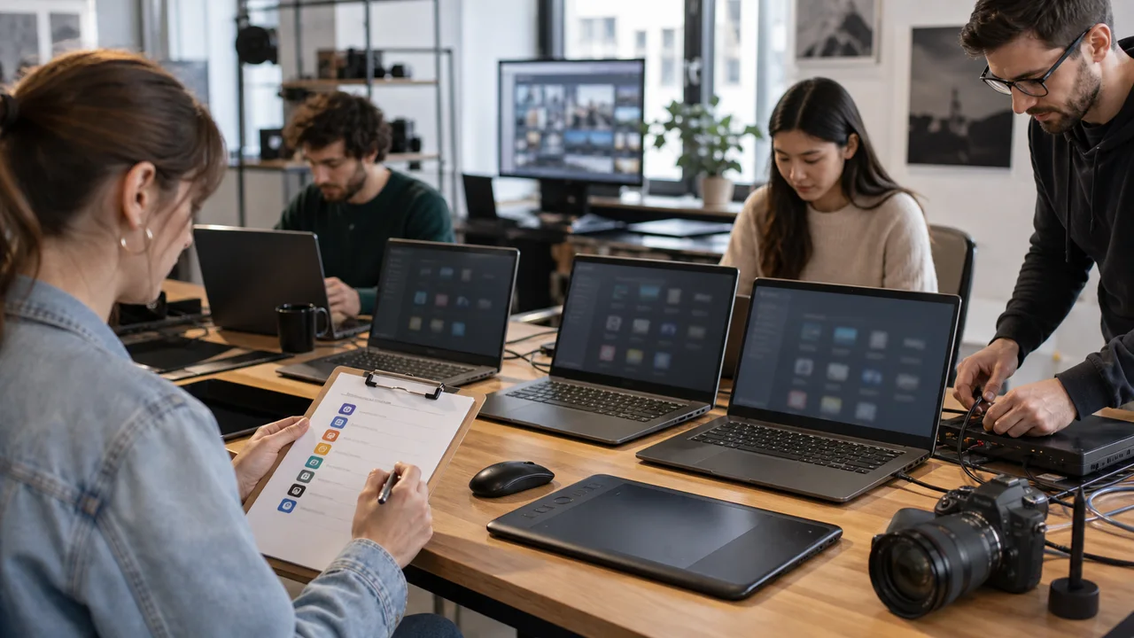 Équipe créative préparant plusieurs ordinateurs Windows avec des applications