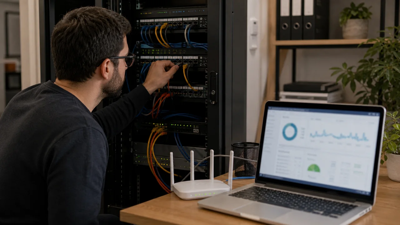 Diagnostic d’un réseau de bureau avec routeur Wi-Fi, câbles Ethernet et ordinateur portable