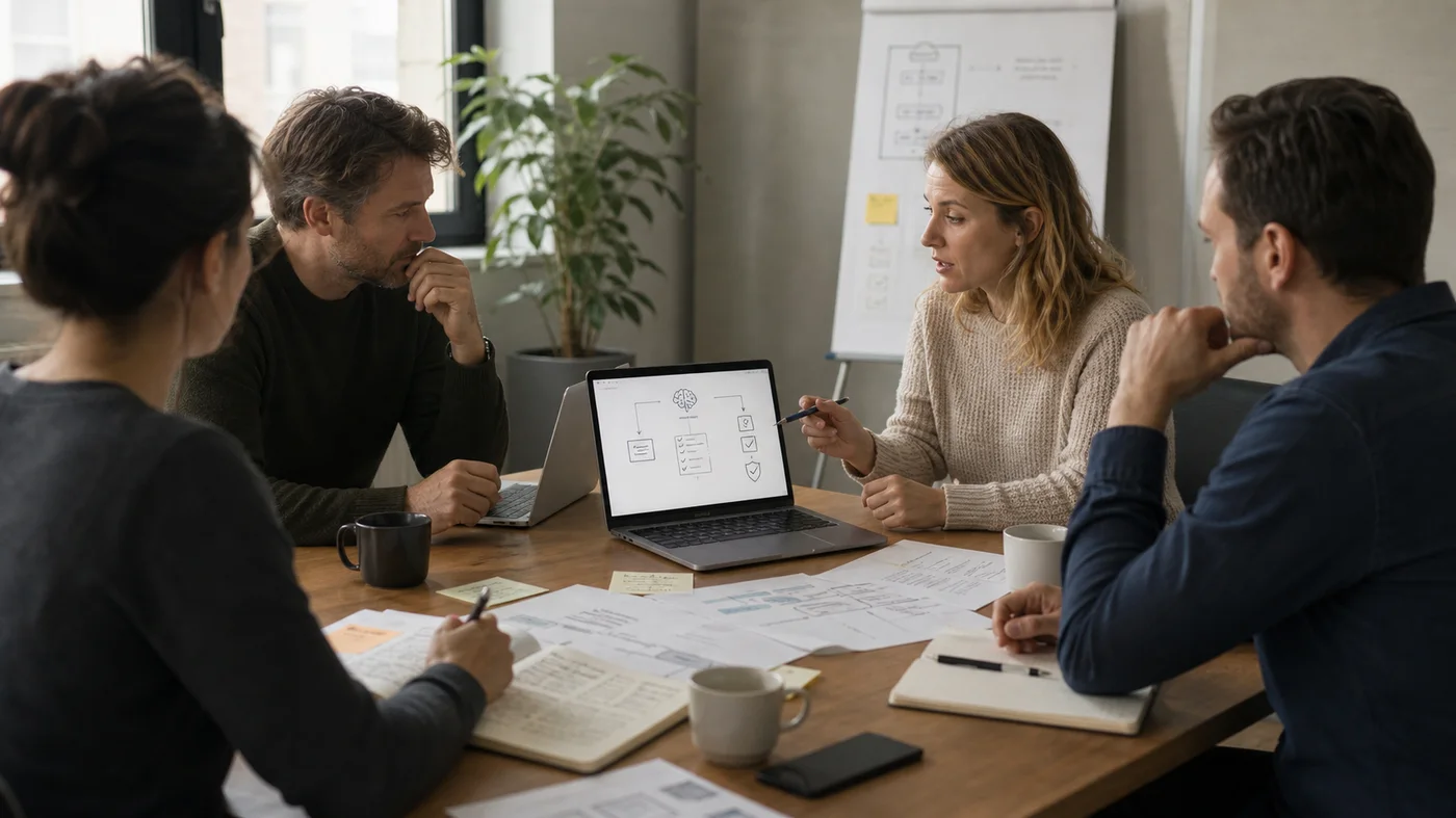 equipe creative discutant des usages et de la confidentialite avec un assistant IA