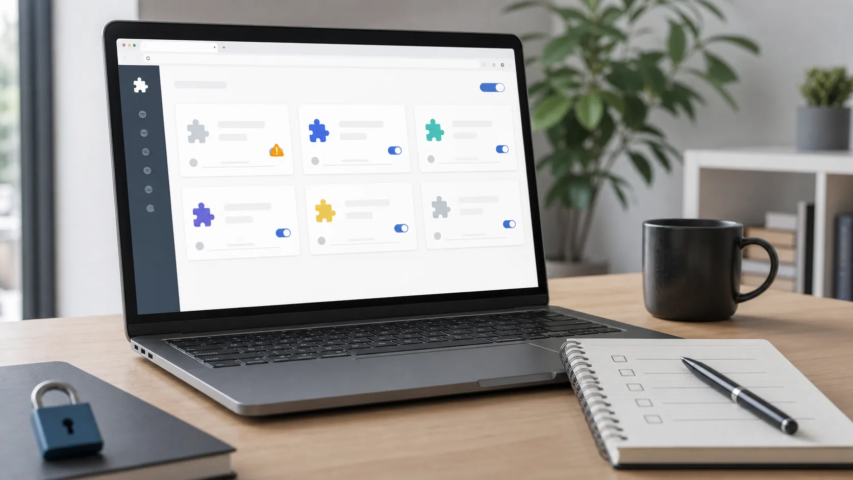 Écran générique de gestion des extensions de navigateur avec badge d’avertissement