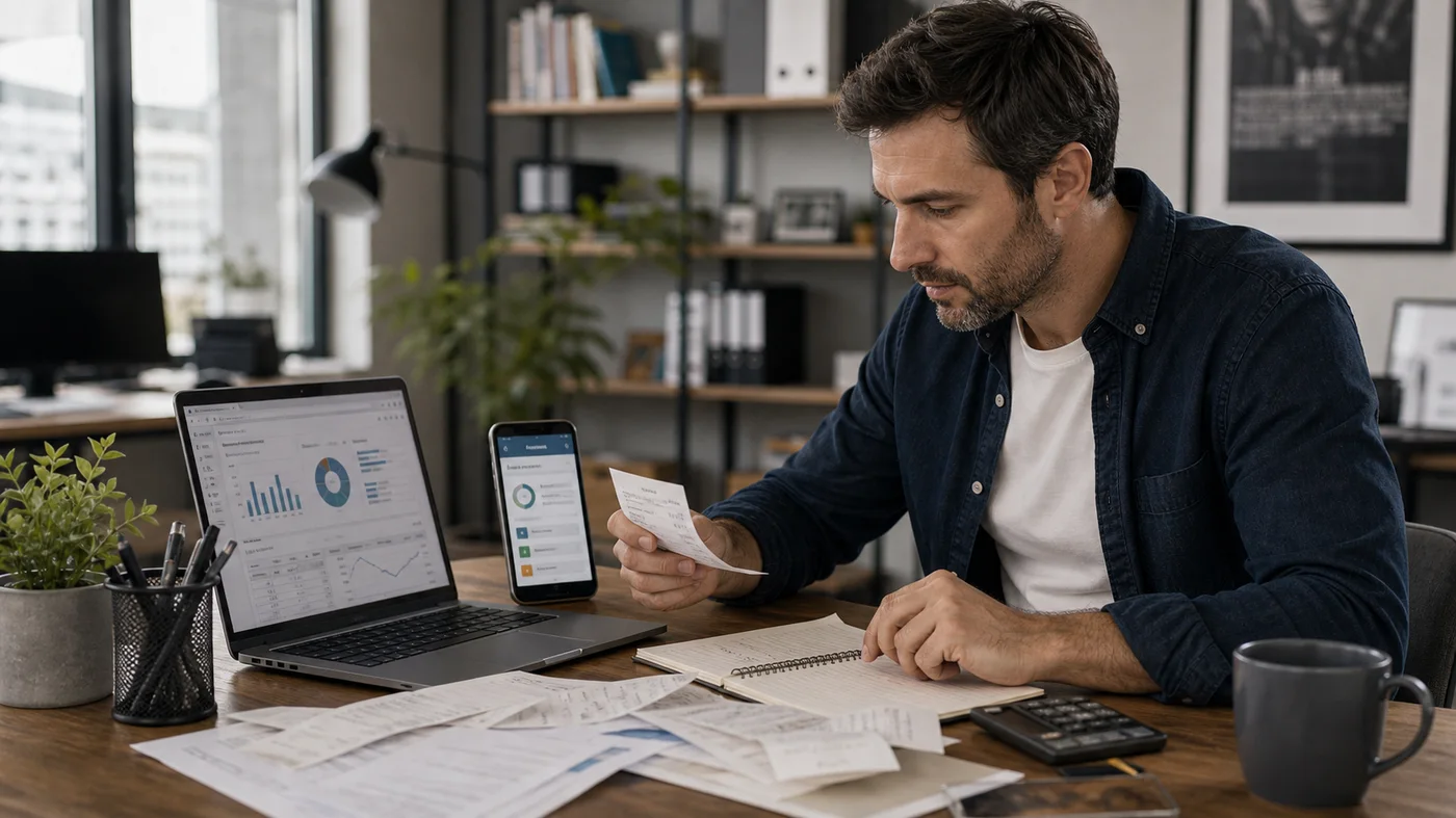 entrepreneur triant justificatifs paiements et suivi de trésorerie