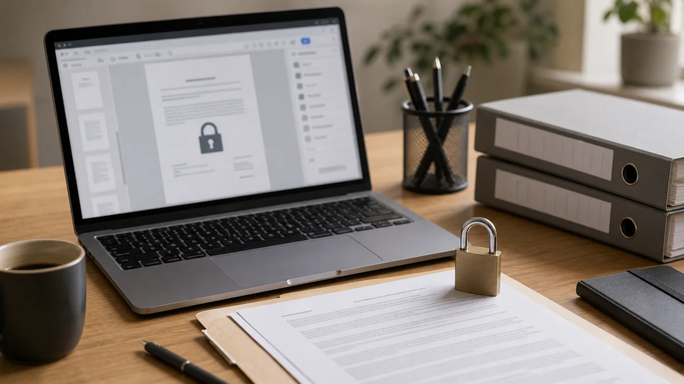 Documents PDF confidentiels et cadenas sur un bureau professionnel