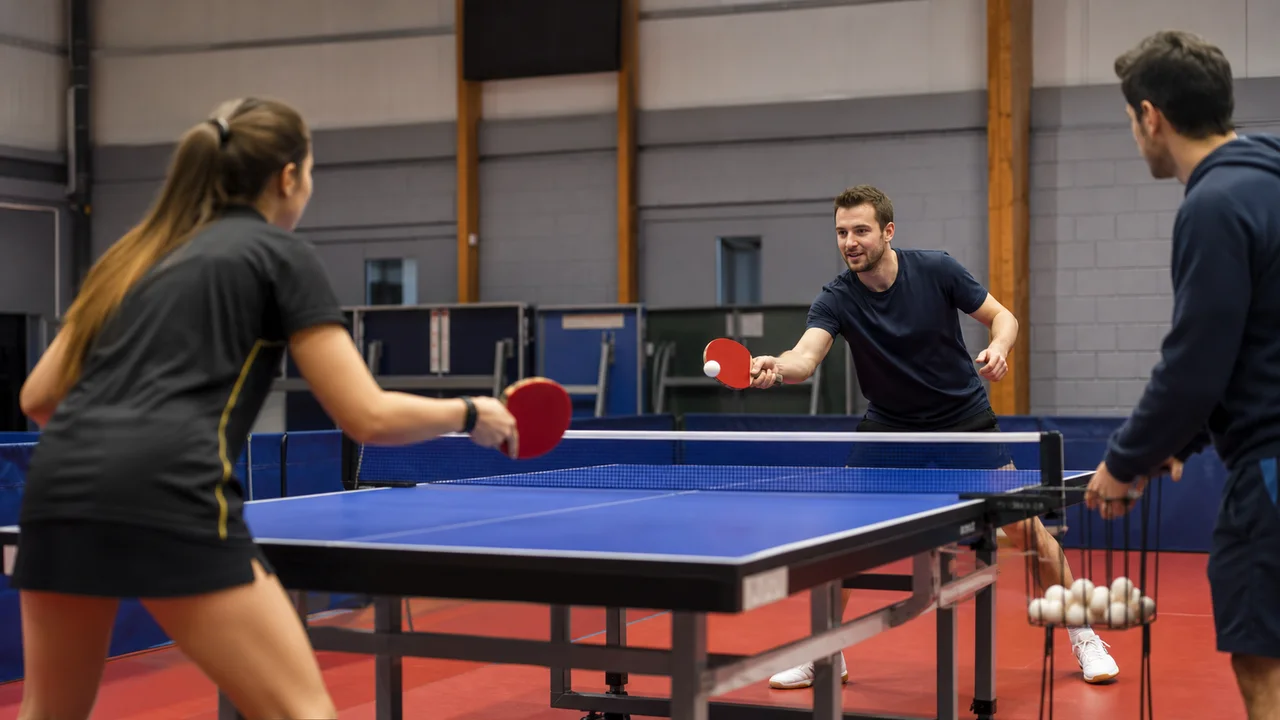 Deux joueurs s entrainent au tennis de table en salle