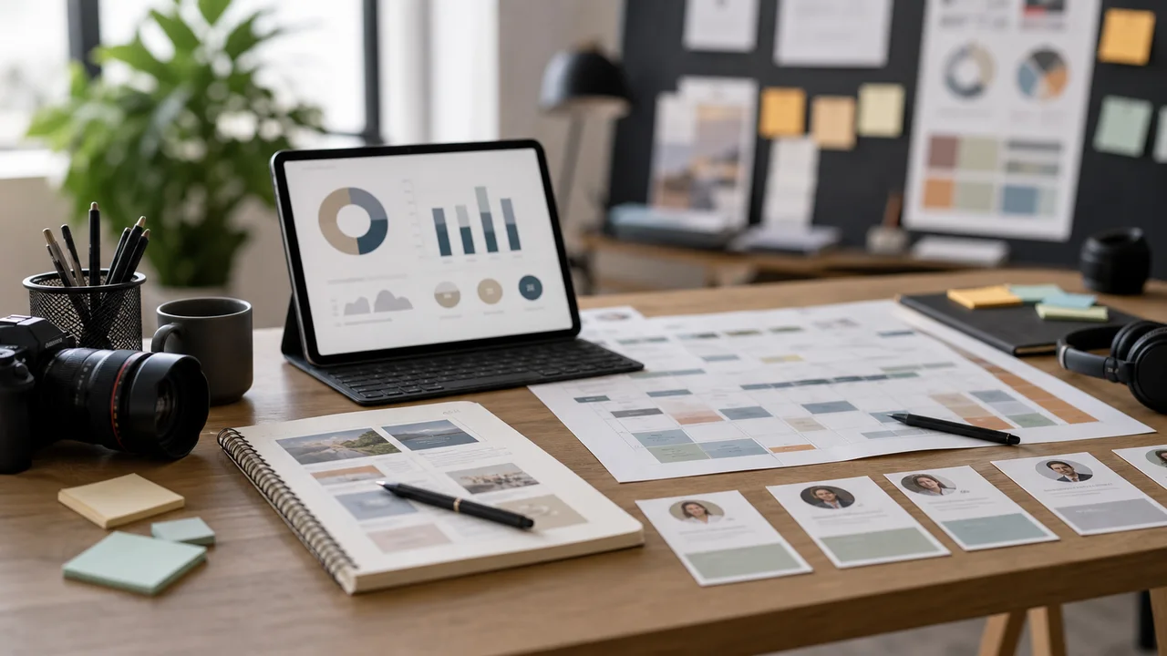 Bureau creatif avec plan de campagne et indicateurs marketing