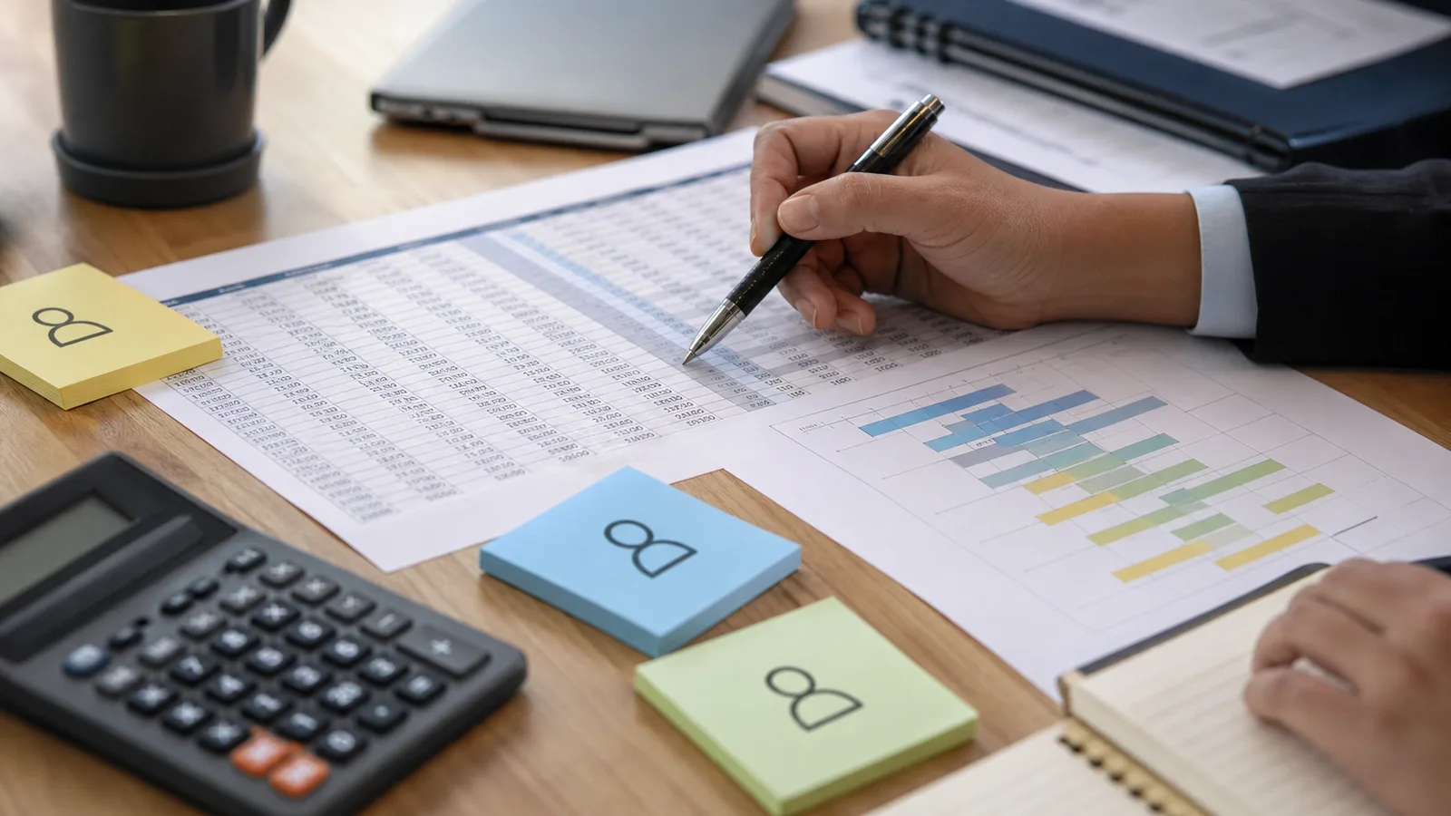 Grille de salaires et calculatrice sur un bureau RH