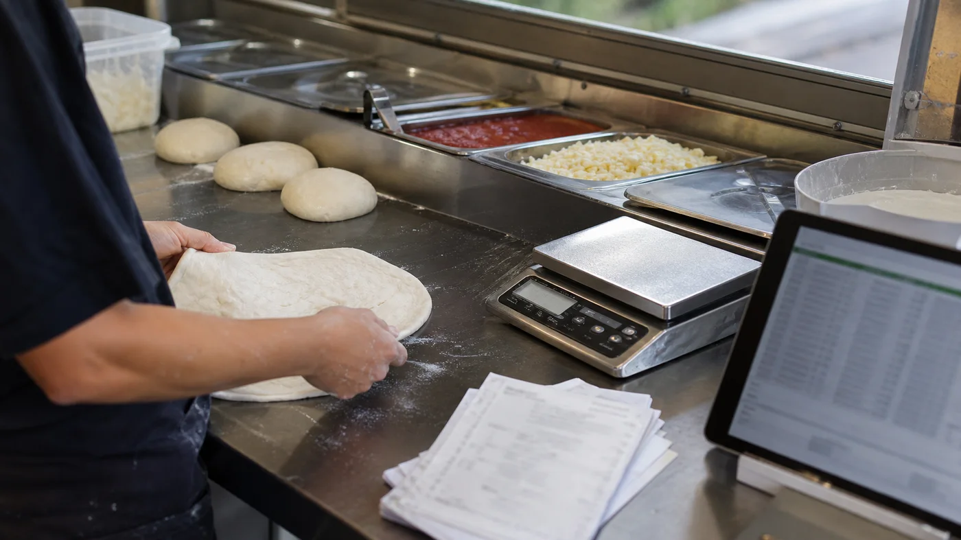 preparation de pizzas avec balance et suivi des couts