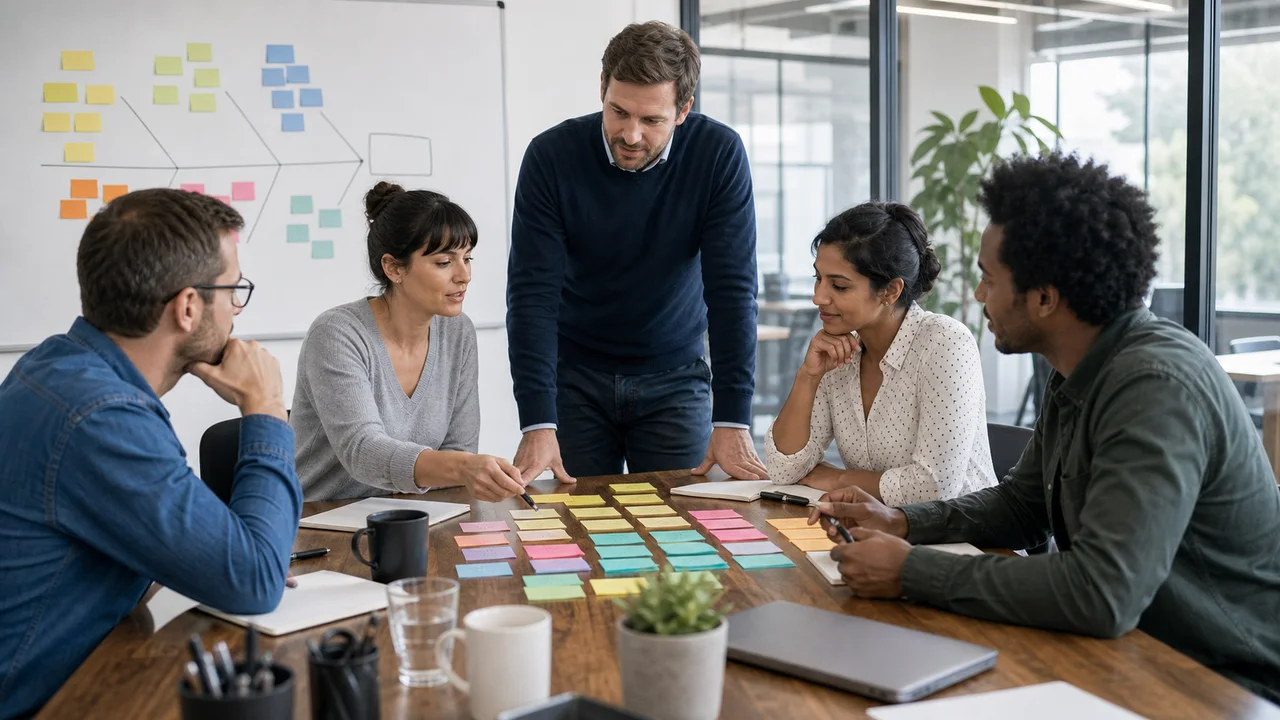 Equipe PME échangeant autour d hypothèses de causes sur un tableau blanc