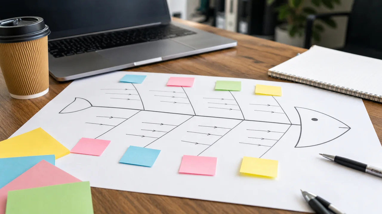 Feuille de travail avec diagramme cause effet et notes de diagnostic