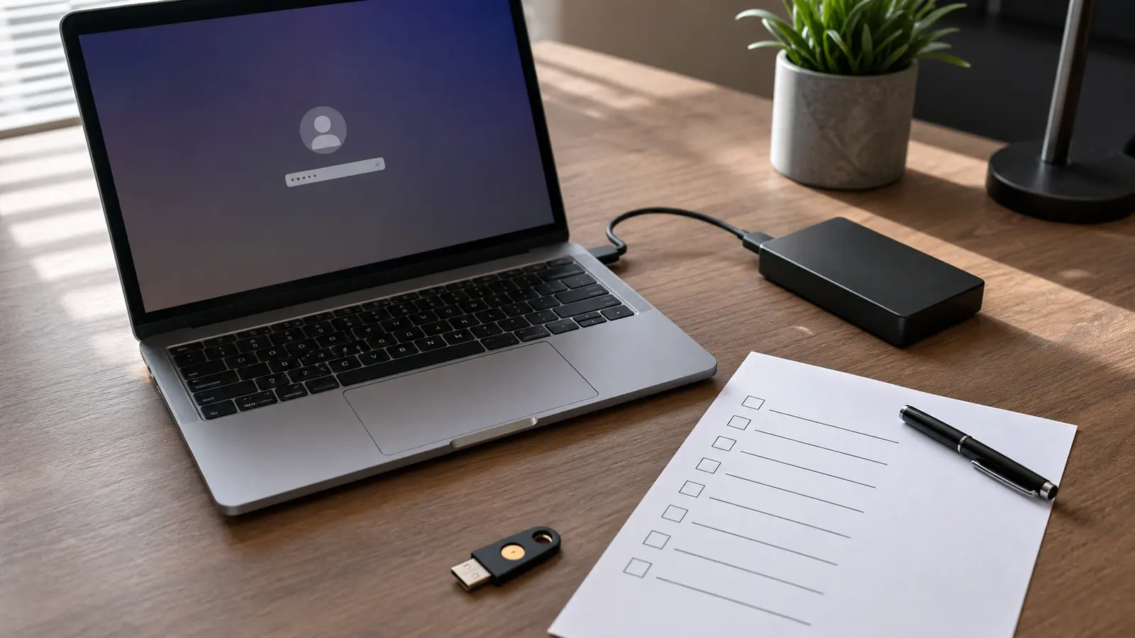 Ordinateur avec disque de sauvegarde et checklist de récupération