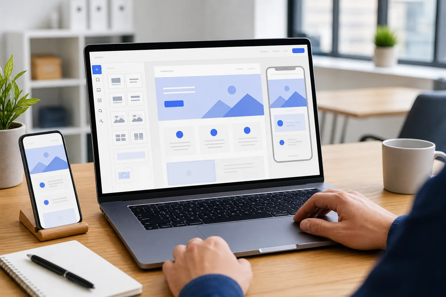 Éditeur visuel no-code affiché sur ordinateur et mobile